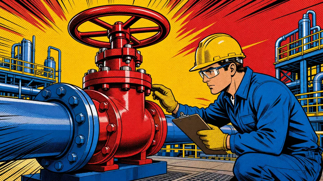 Pop-Art-Comic-Illustration eines Ingenieurs bei Inspektion eines großen roten Industrieventils