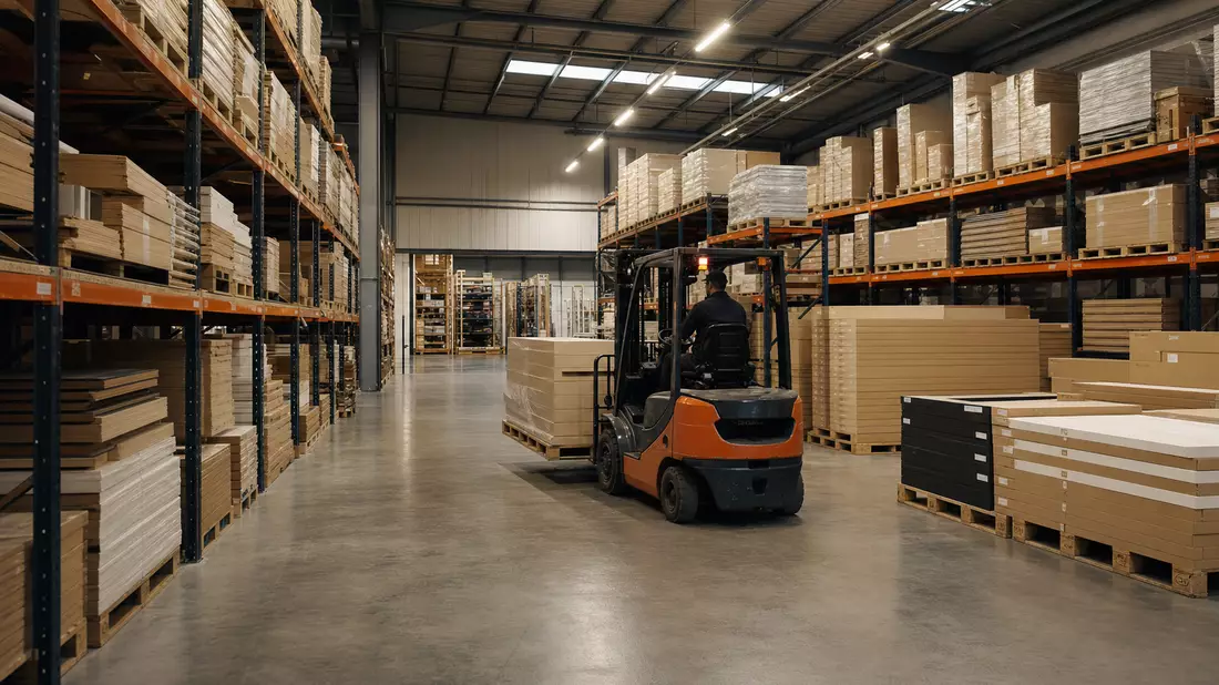 Fotorealistisches Lagerdepot mit Kuechenmodulen und Gabelstapler in Regallager