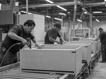 Schwarzweiss-Reportage dokumentiert Arbeiter bei Howden Joinery Group Plc, ISIN GB0002148369, in britischer Kuechenmoebel-Produktionshalle - Foto: THN