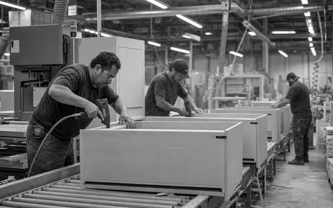 Schwarzweiss-Reportage dokumentiert Arbeiter bei Howden Joinery Group Plc, ISIN GB0002148369, in britischer Kuechenmoebel-Produktionshalle - Foto: THN