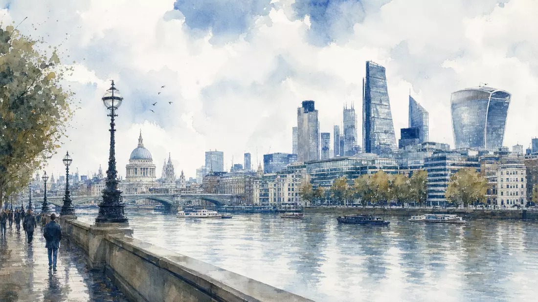 Aquarellbild der Londoner Skyline mit Fluss und historischen Gebaeuden