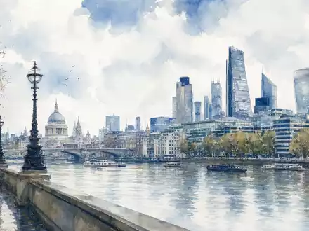 Aquarellmalerei zeigt Londoner Firmensitz von Howden Joinery Group Plc, ISIN GB0002148369, mit stilisierter britischer Stadtlandschaft - Foto: THN
