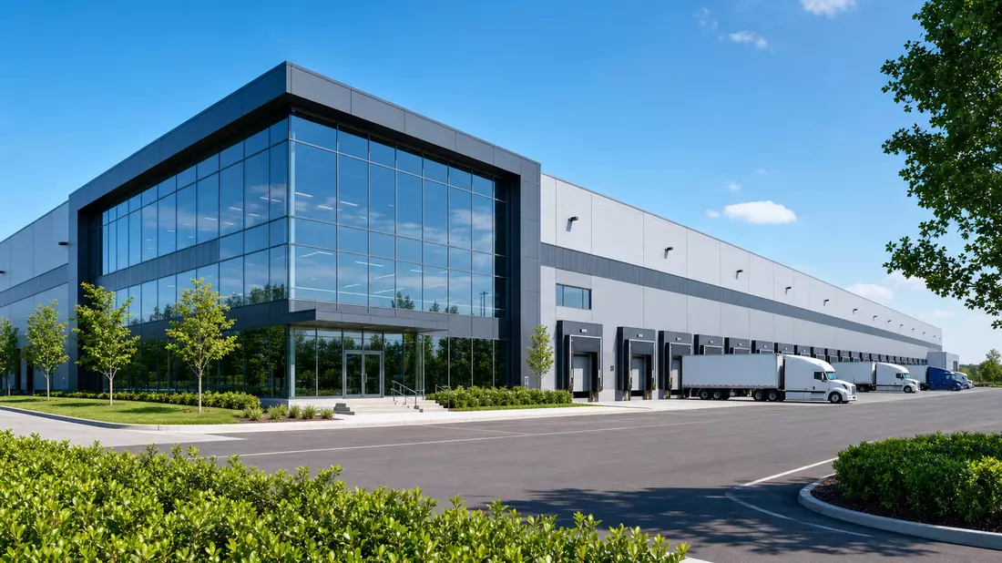 Architekturvisualisierung eines modernen Logistikzentrums mit Laderampen