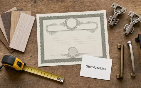 Flatlay-Arrangement zeigt Aktienzertifikat und ISIN-Karte von Howden Joinery Group Plc, ISIN GB0002148369, neben Kuechenholzmustern - Foto: THN