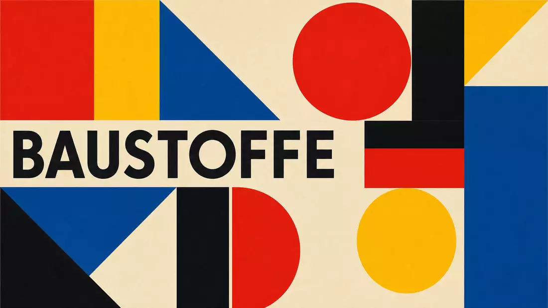 Bauhaus-Poster mit geometrischen Formen und dem Wort BAUSTOFFE