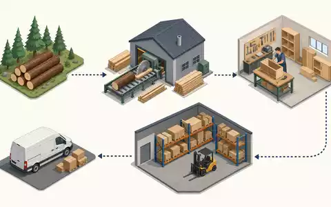 Isometrische 3D-Grafik zeigt Lieferkette von Howden Joinery Group Plc, ISIN GB0002148369, von Rohholz bis Kueche - Foto: THN