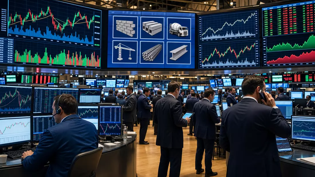 Editorialfoto eines Boersenhandelssaals mit Charts und Baustoff-Symbolen