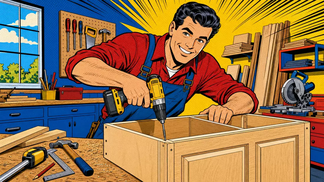 Pop-Art-Comic-Illustration eines Handwerkers in bunter Kuechenwerkstatt