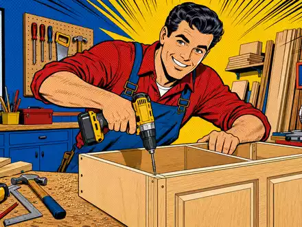 Pop-Art-Comic-Szene stellt farbenfrohe Kuechenwerkstatt dar, inspiriert von Howden Joinery Group Plc, ISIN GB0002148369, britischer Marktfuehrer - Foto: THN