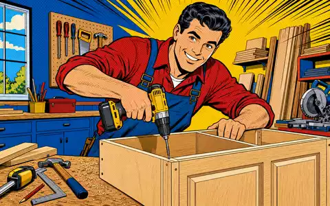 Pop-Art-Comic-Szene stellt farbenfrohe Kuechenwerkstatt dar, inspiriert von Howden Joinery Group Plc, ISIN GB0002148369, britischer Marktfuehrer - Foto: THN
