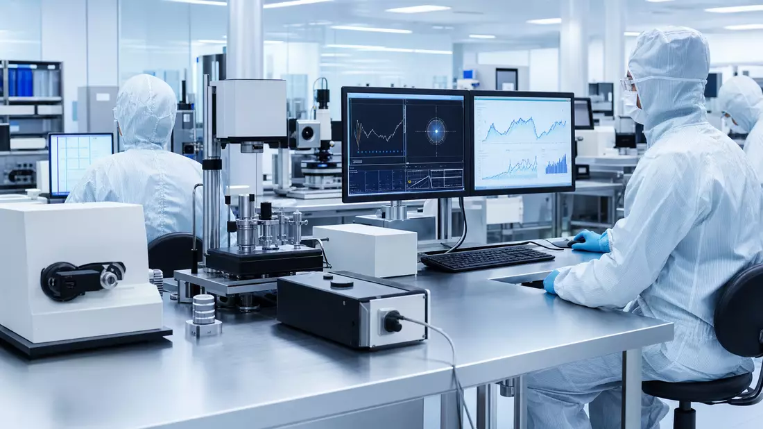Fotorealistisches Präzisionsmesslabor mit High-Tech-Analysegeräten und Wissenschaftlern in Reinraumkleidung