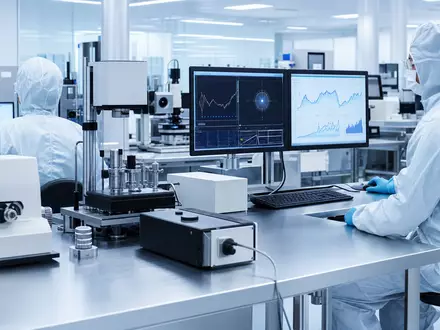 Spectris plc GB0004762810 fotorealistisches modernes Präzisionsmesslabor mit High Tech Analysegeräten und Wissenschaftlern in Reinraumumgebung - Foto: THN