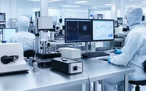 Spectris plc GB0004762810 fotorealistisches modernes Präzisionsmesslabor mit High Tech Analysegeräten und Wissenschaftlern in Reinraumumgebung - Foto: THN