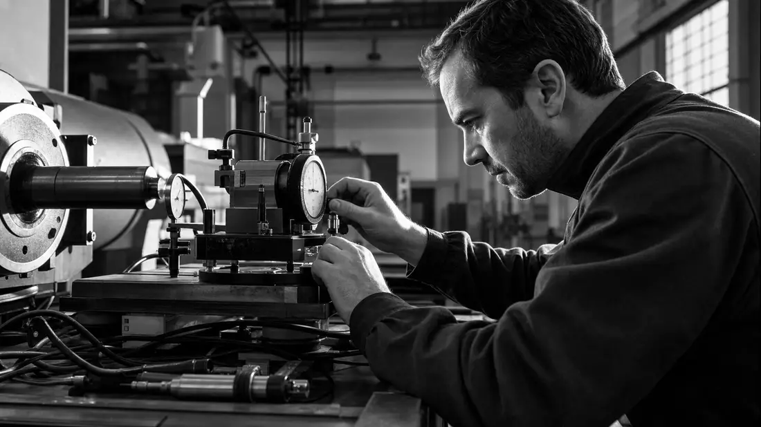 Schwarz-Weiß-Reportagefoto eines Ingenieurs beim Justieren eines Präzisionsmessinstruments