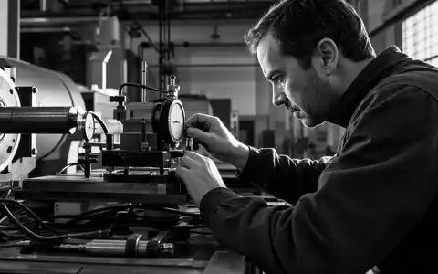 Spectris plc GB0004762810 Schwarz Weiß Reportage Ingenieur justiert hochpräzises Messinstrument konzentriert in industrieller Testumgebung - Foto: THN