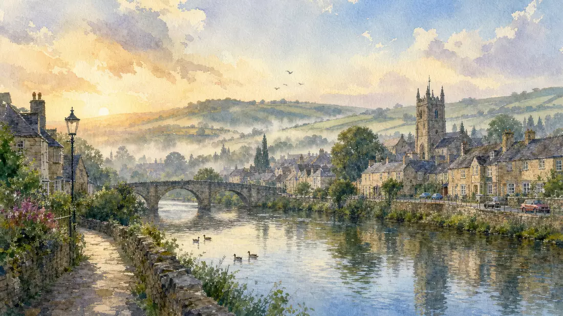 Aquarellgemälde einer englischen Kleinstadt mit Flusslandschaft und sanften Hügeln im Morgenlicht