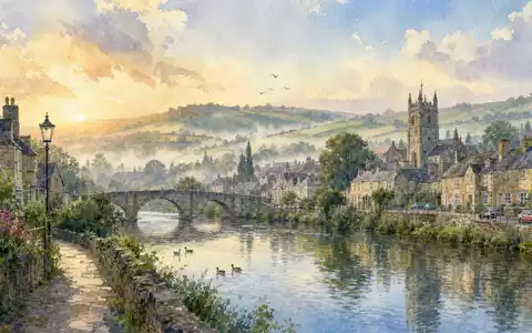 Spectris plc GB0004762810 Aquarellmalerei englische Kleinstadt Egham mit Flusslandschaft und sanften Hügeln bei Morgenlicht - Foto: THN