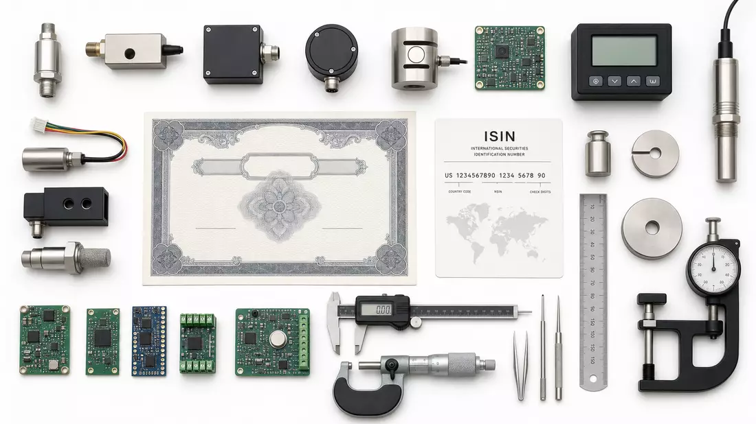 Flatlay-Produktfoto mit generischen Präzisionssensoren, Platinen, Aktienzertifikat und ISIN-Karte