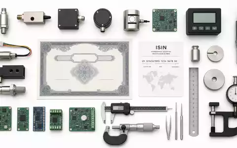 Spectris plc GB0004762810 Flatlay Präzisionssensoren Messgeräte Platinen Aktienzertifikat und ISIN Karte symmetrisch angeordnet - Foto: THN