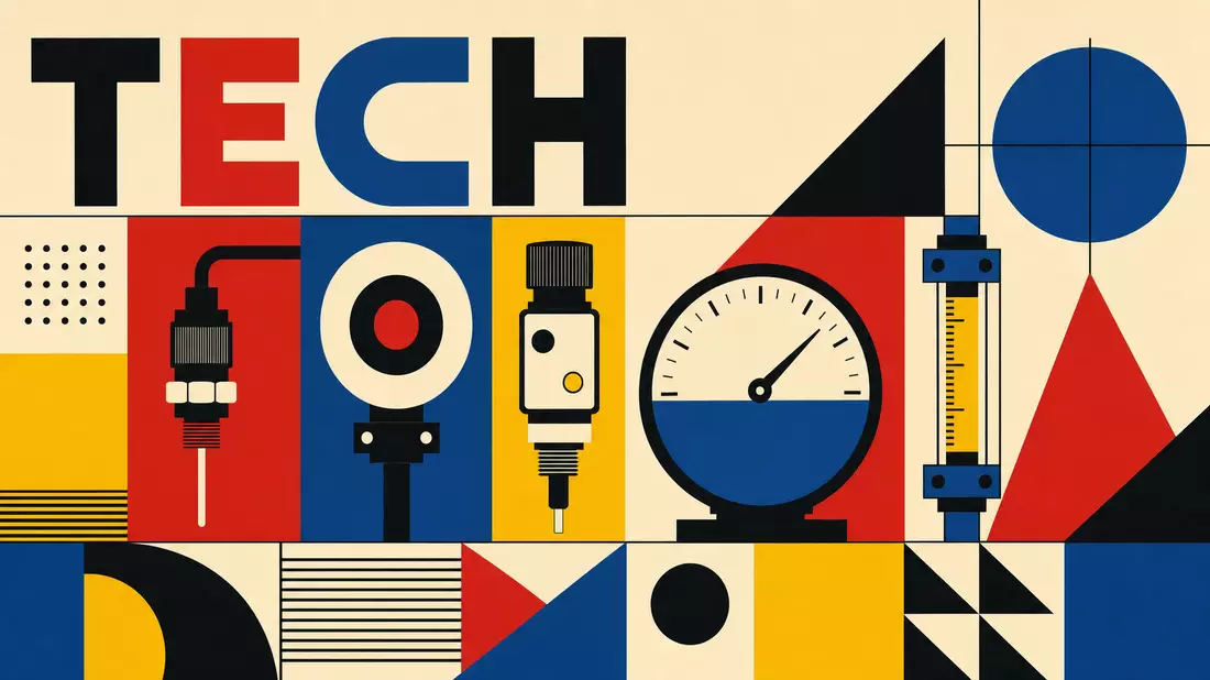 Bauhaus-Designposter mit TECH-Schriftzug und geometrischen Formen in Primärfarben zum Thema Messtechnik