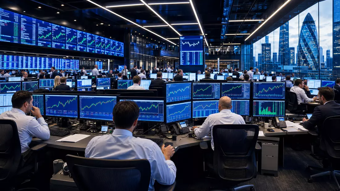 Redaktionsfoto eines Londoner Börsenhandelssaals mit Elektronik-Sektor-Charts auf Monitoren
