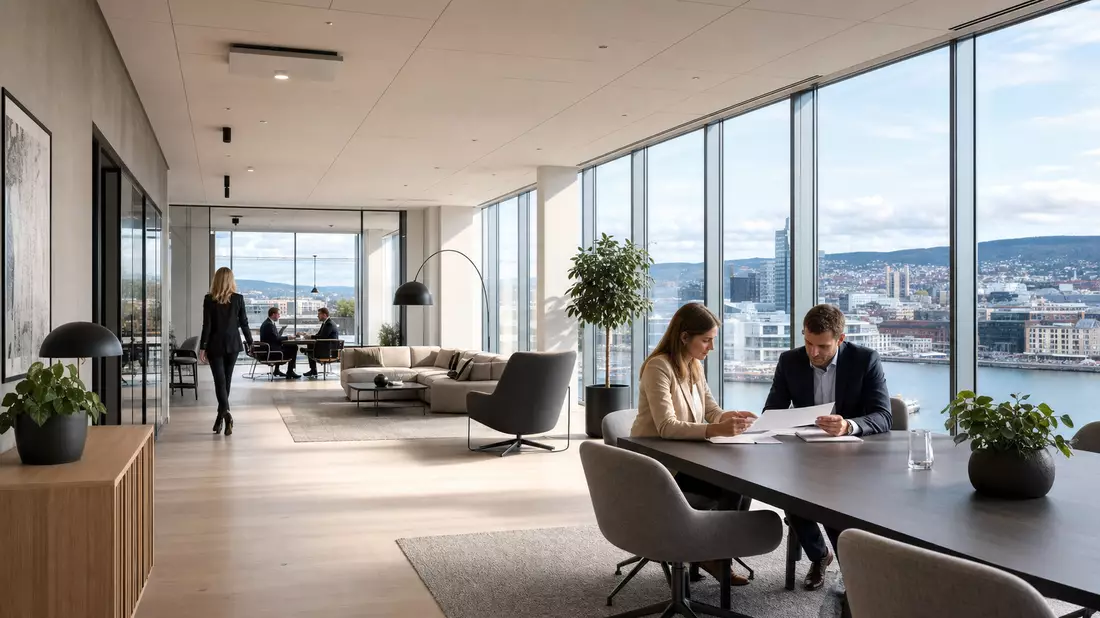 Modernes Versicherungsbüro in Oslo, Fotorealismus, neutrale Geschäftsszene ohne Markenzeichen