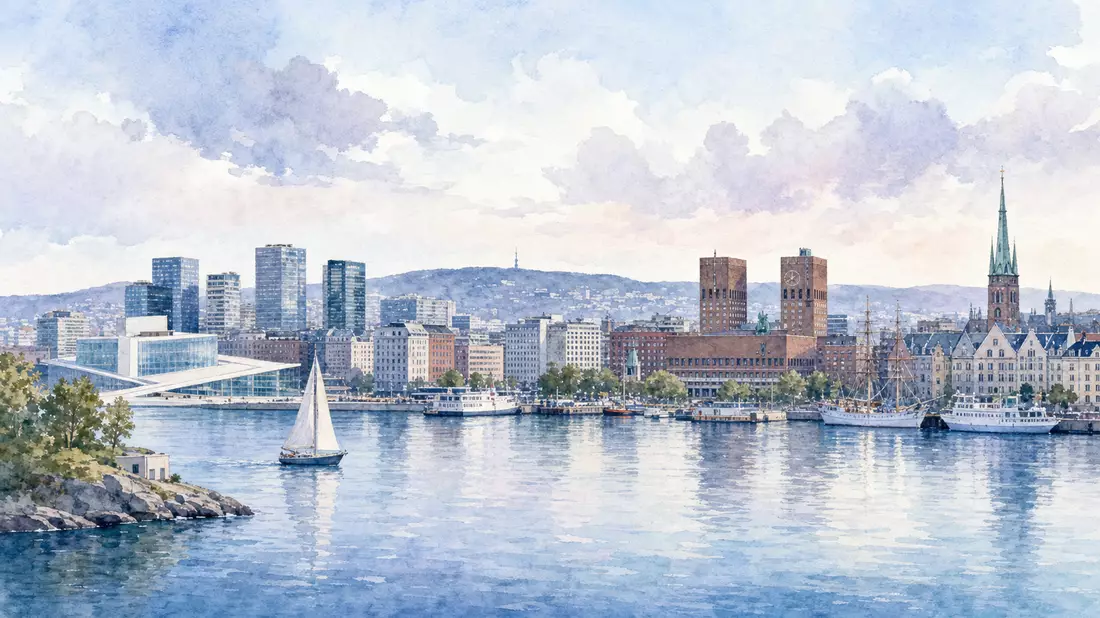 Aquarellgemälde der Osloer Skyline mit Fjord und Hafen bei sanftem Licht