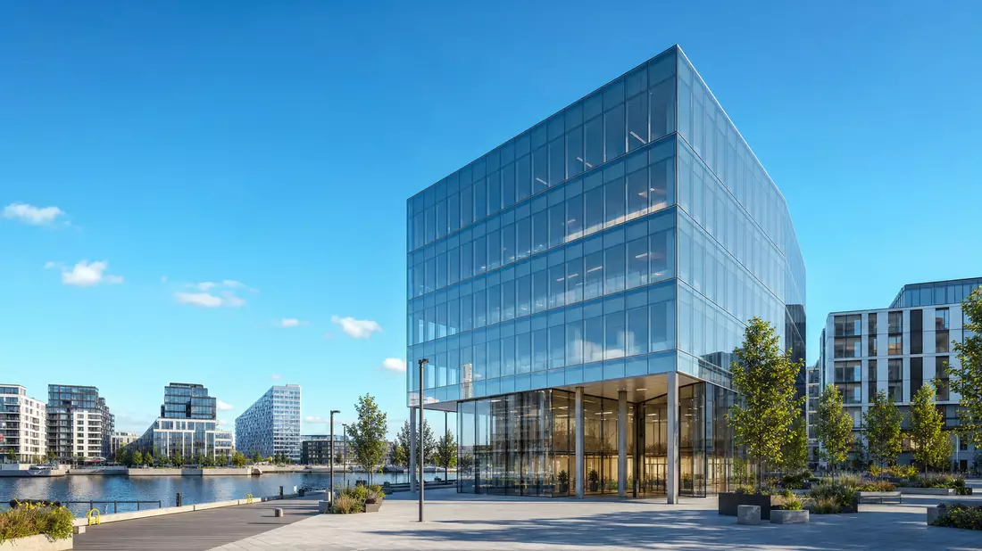 3D-Architekturvisualisierung eines modernen Glashochhauses in einem Geschäftsviertel