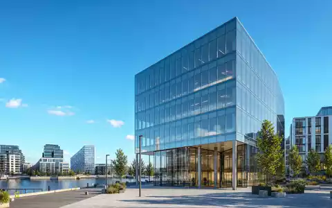 Architektur-Render zeigt ein modernes Bürohochhaus, Gjensidige Forsikring ASA, ISIN NO0010582521, skandinavisches Geschäftsviertel bei Tageslicht - Foto: THN