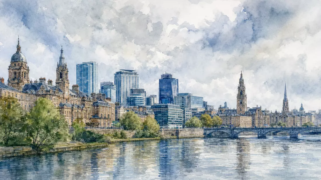 Aquarell-Skyline von Glasgow für The Weir Group plc, GB0009633180