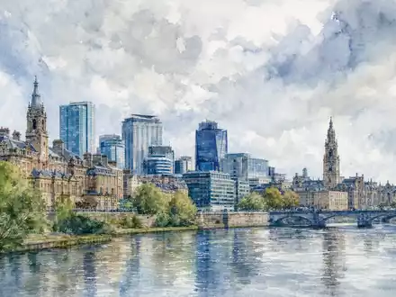 Aquarellmalerei der Stadt Glasgow, Hauptsitz von The Weir Group plc, ISIN GB0009633180, künstlerisch dargestellt - Foto: THN
