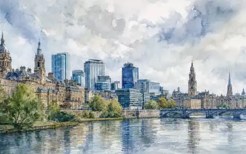 Aquarellmalerei der Stadt Glasgow, Hauptsitz von The Weir Group plc, ISIN GB0009633180, künstlerisch dargestellt - Foto: THN