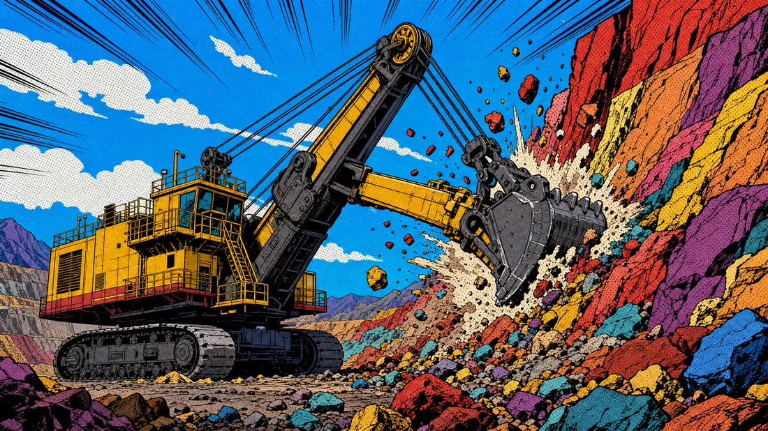 Bunte Comic-Szene mit Bagger für The Weir Group plc, GB0009633180