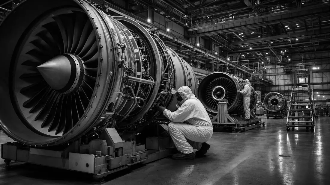 Schwarzweiß-Reportage: Aerospace-Techniker inspizieren Triebwerke im Industriehangar, GE Aerospace