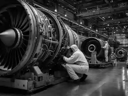 GE Aerospace US3696043013 Techniker in Schutzanzügen prüfen Triebwerke in Schwarzweiß-Reportage im Industriehangar - Foto: THN