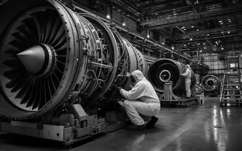GE Aerospace US3696043013 Techniker in Schutzanzügen prüfen Triebwerke in Schwarzweiß-Reportage im Industriehangar - Foto: THN