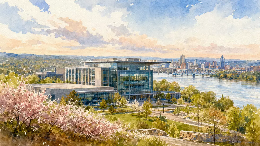 Aquarell eines Aerospace-Campus in Cincinnati mit Fluss und Frühlingsbäumen, GE Aerospace US3696043013