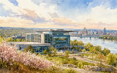GE Aerospace US3696043013 moderner Campus in Cincinnati als aquarelliertes Landschaftsbild mit Fluss - Foto: THN
