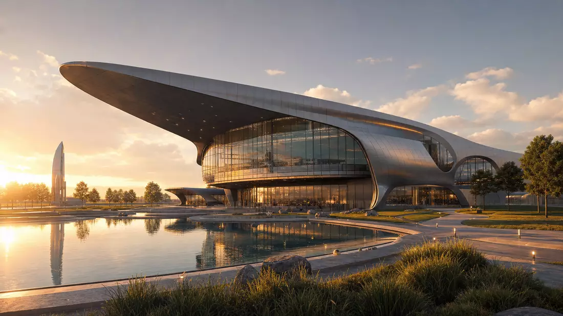 Architektur-Render eines futuristischen Aerospace-Forschungszentrums mit Spiegelteich, GE Aerospace