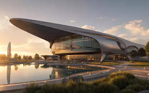 GE Aerospace US3696043013 futuristisches Forschungsgebäude mit geschwungener Glasfassade und Spiegelteich im Abendlicht - Foto: THN