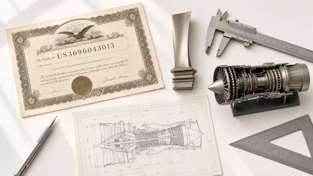 Flatlay mit Aktienzertifikat US3696043013, Turbinenschaufel, Messschieber und Triebwerksmodell