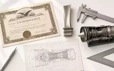 GE Aerospace US3696043013 Flatlay zeigt ein Aktienzertifikat eine Turbinenschaufel Messschieber und eine technische Triebwerkszeichnung - Foto: THN