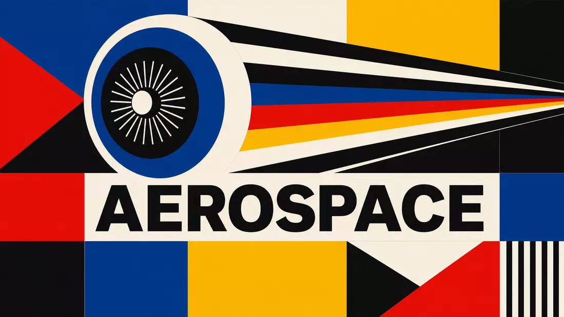 Bauhaus-Poster mit konzentrischen Kreisen und AEROSPACE-Schriftzug in Primärfarben Rot Blau Gelb