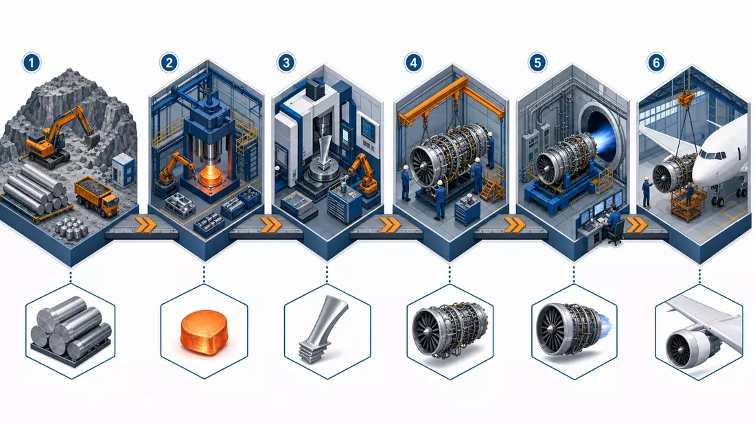 Isometrisches 3D-Diagramm der Aerospace-Fertigungskette von Titan bis Triebwerkseinbau, GE Aerospace