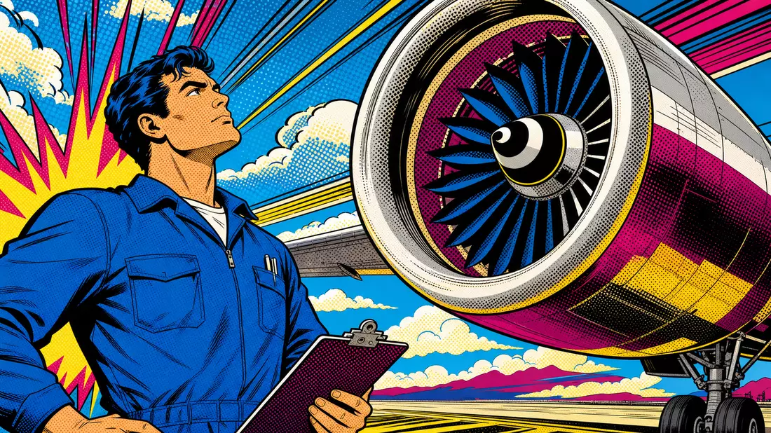 Pop-Art-Comic: Ingenieur mit Klemmbrett schaut heroisch auf buntes Jet-Triebwerk, GE Aerospace US3696043013