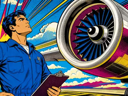 GE Aerospace US3696043013 Pop-Art-Comic mit heroischem Ingenieur vor buntem Turbofan-Triebwerk in grellen Primärfarben - Foto: THN