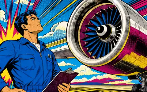 GE Aerospace US3696043013 Pop-Art-Comic mit heroischem Ingenieur vor buntem Turbofan-Triebwerk in grellen Primärfarben - Foto: THN