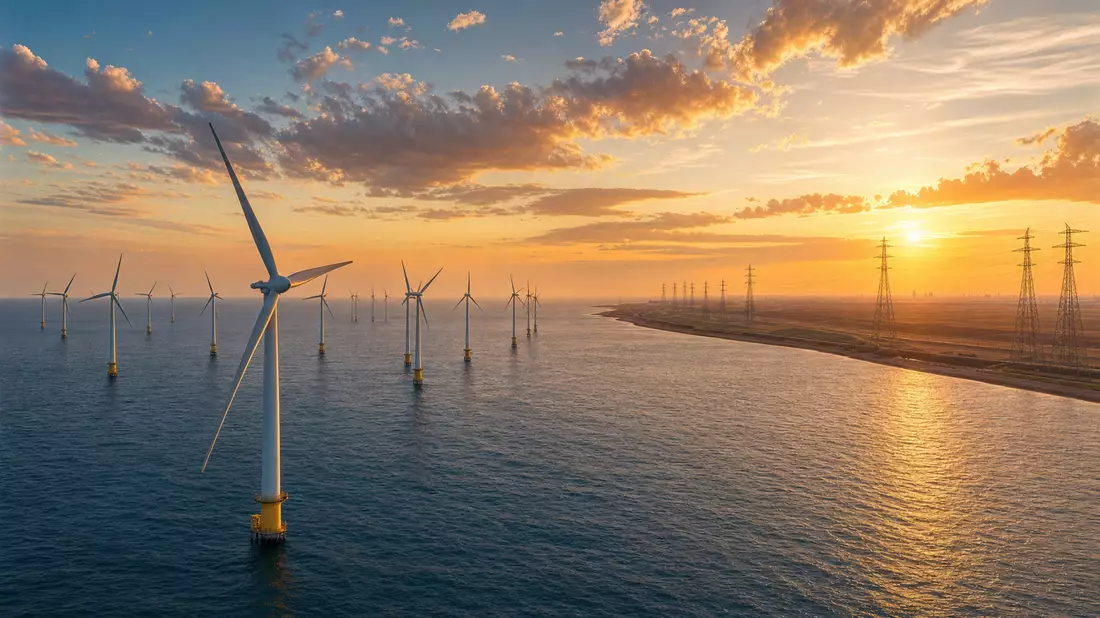 Luftaufnahme eines Offshore-Windparks von GE Vernova bei Sonnenuntergang mit Übertragungsmasten