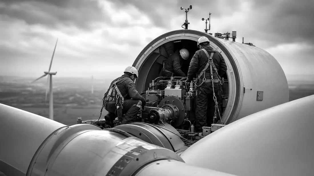 Schwarz-Weiß-Reportage: Techniker mit Helm bei Wartungsarbeiten an einer Windturbine