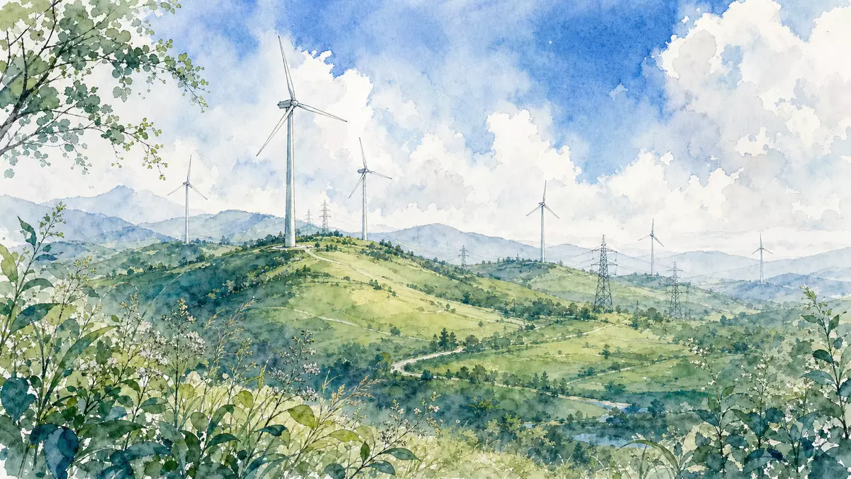 Aquarell-Gemälde von Windturbinen und Übertragungsmasten auf grünen Hügeln mit blauem Himmel
